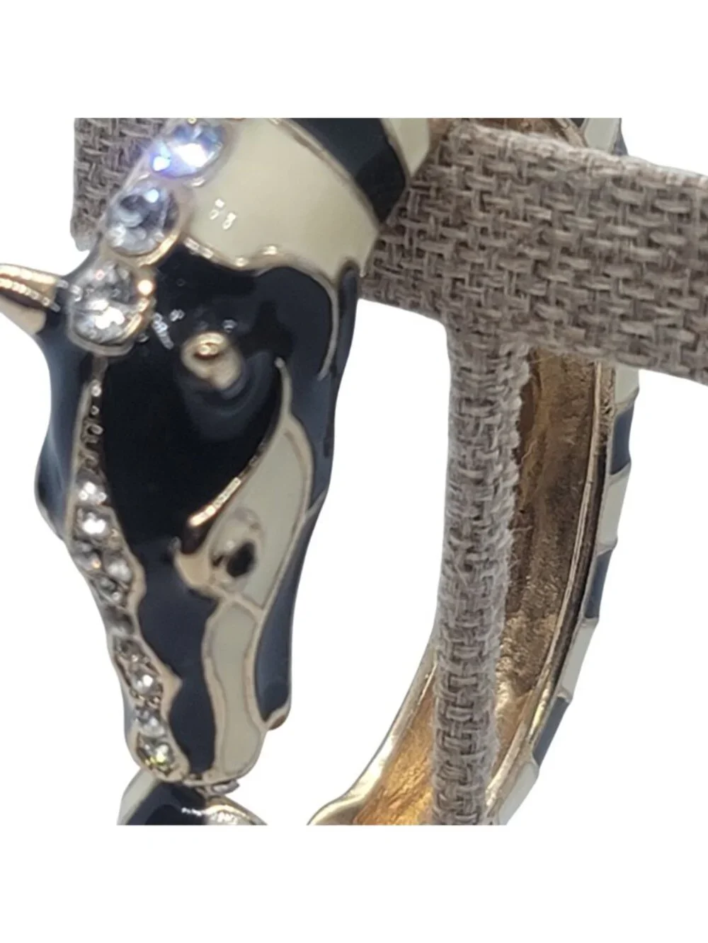 Zebra Head Enamel Rhinestone Clamper Bangle Bracelet Black Ivory Gold-Tone 1960s